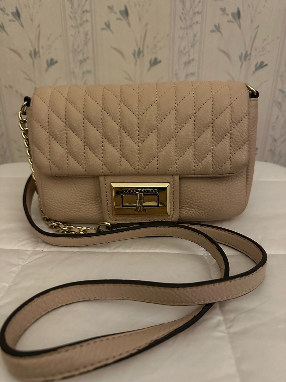 Karl Lagerfeld Beige Quilted Leather Crossbody